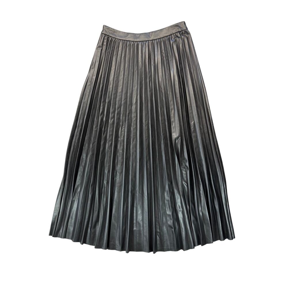 Chico’s Sz 1 Black Vegan Leather Pleated Fall Classic Chic Edgy Indie Maxi Skirt